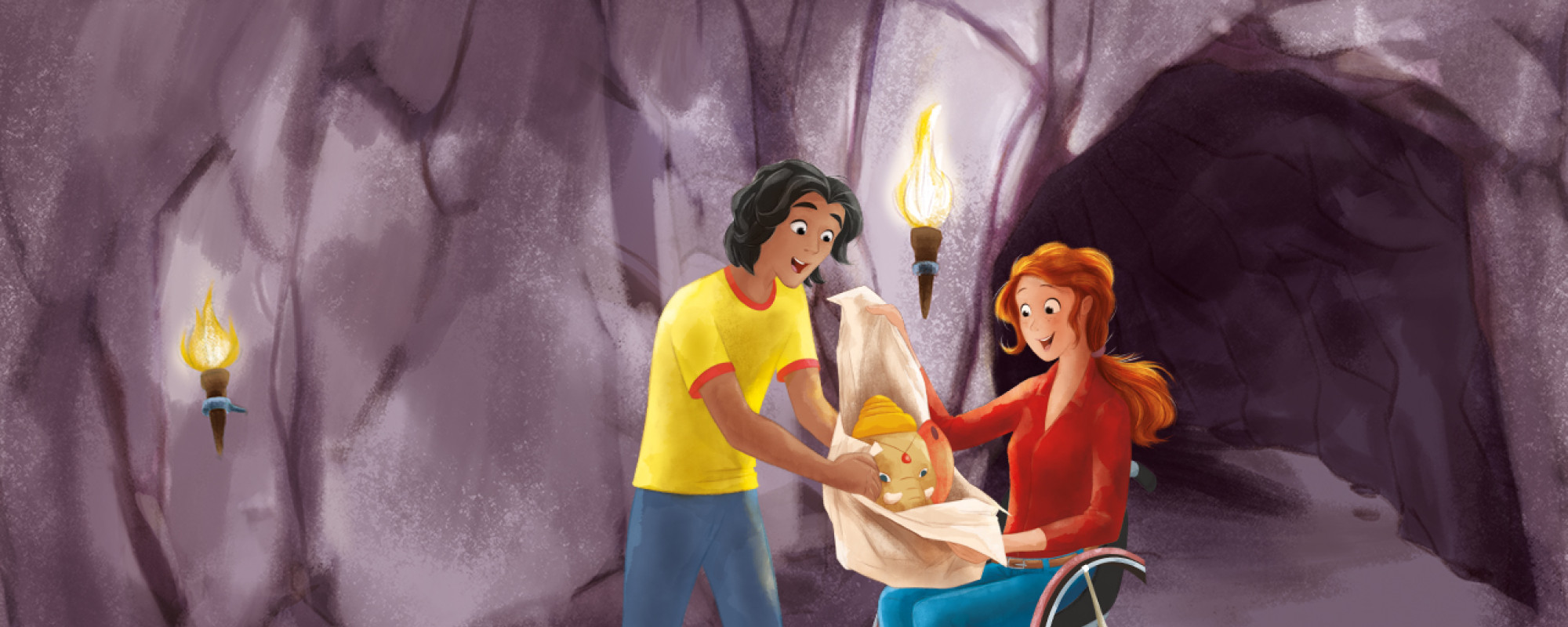 Illustration - Elea und Ravi mit Elefantengott in Hoehle